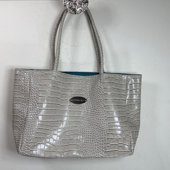 H0)Uttermost oversized tote bag in faux crocodile leather,taupe with blue lining - Picture 1 of 12